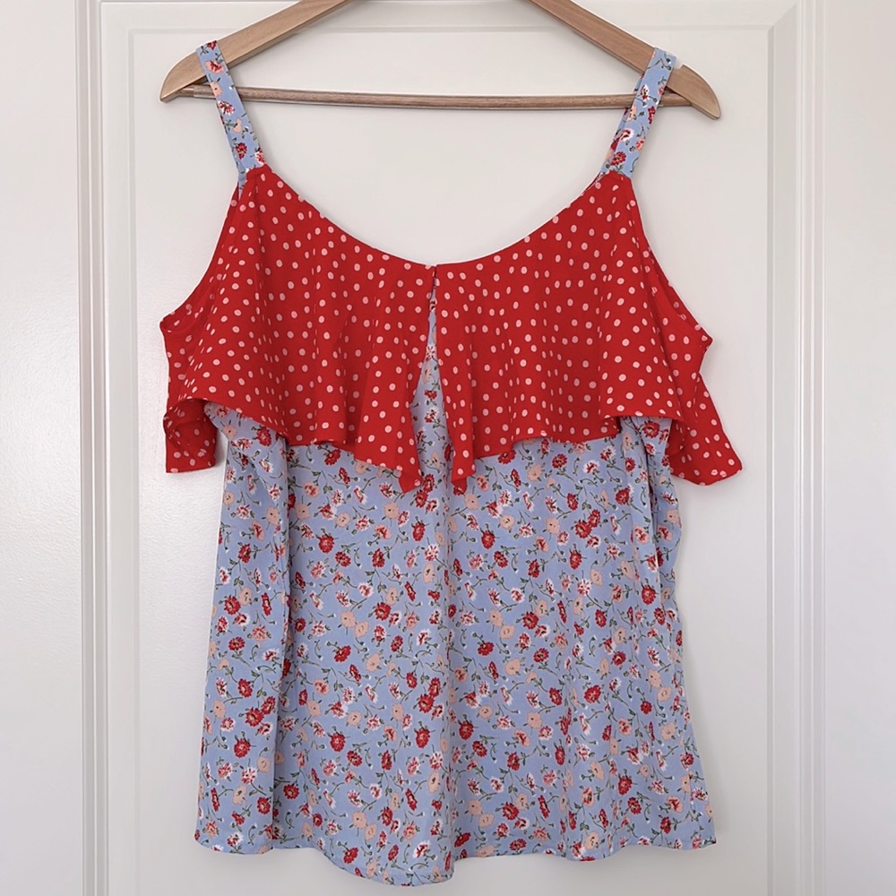 New York & Company Cold Shoulder Floral and Polka Dot Blouse Size L